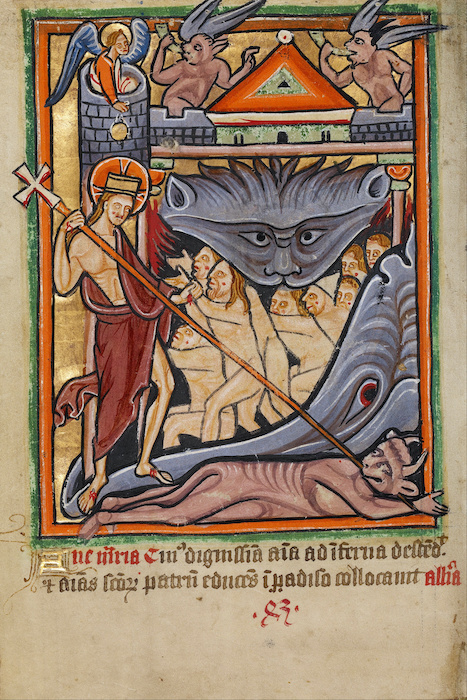 Christ stabbing devil in hellmouth
